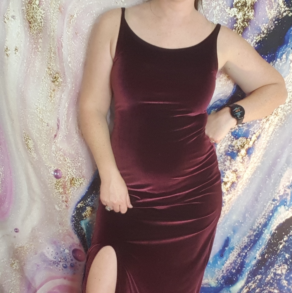 Burgundy velvet thin strap tank slit maxi dress